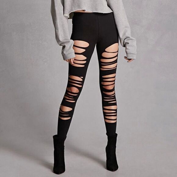 NASTY GAL HIGH WAIST LASER SHREDDED RIPPED LEGGINGS IN BLACK SIZE XS, S, M, L - Picture 1 of 7
